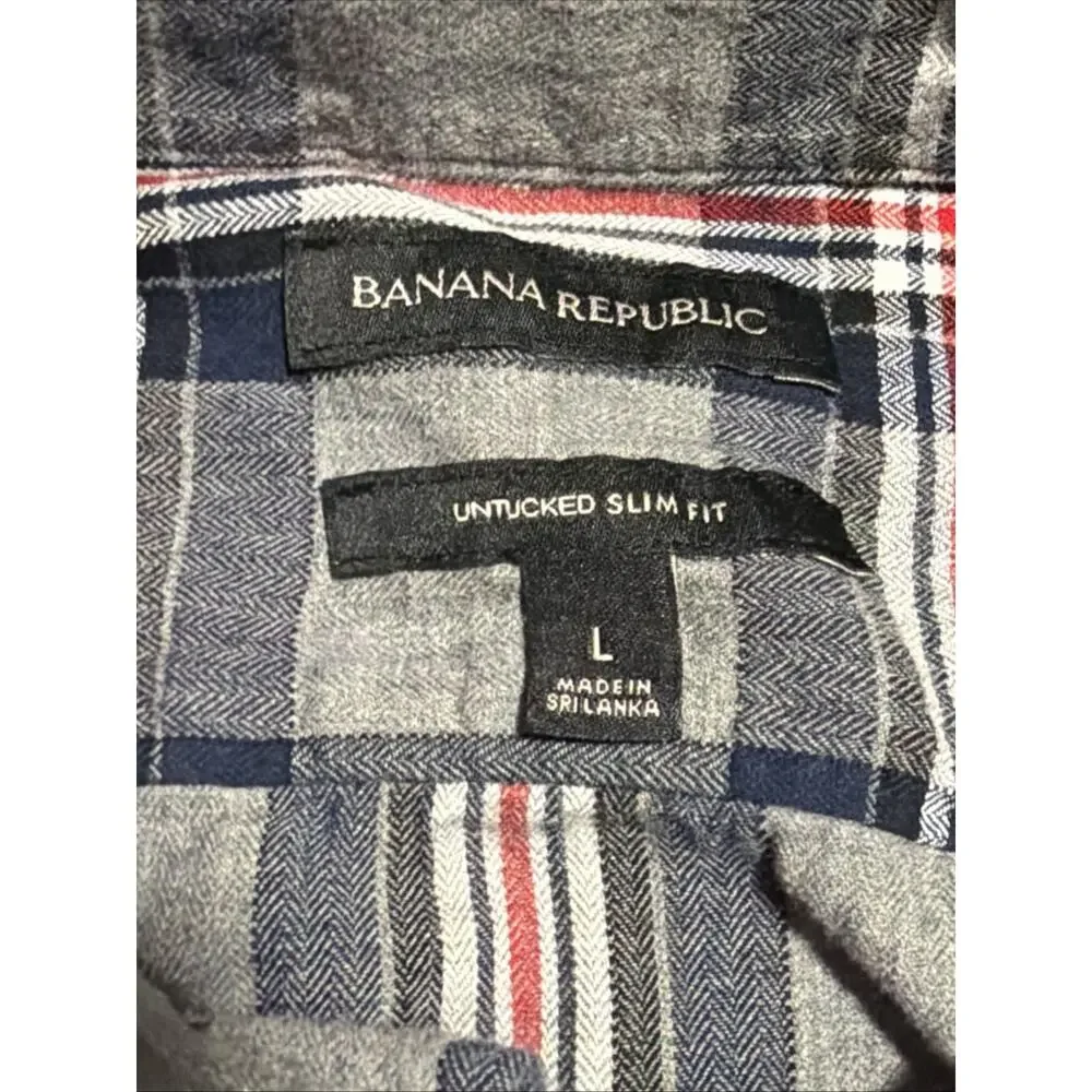 Banana Republic Men's Large Untucked Slim Fit Flannel Shirt Gray Navy Plaid